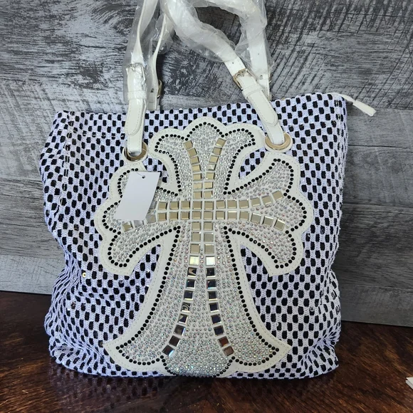 NWT Black And White Rhinestone Embellished Bling Cross Applique Tote Bag - Picture 1 of 9